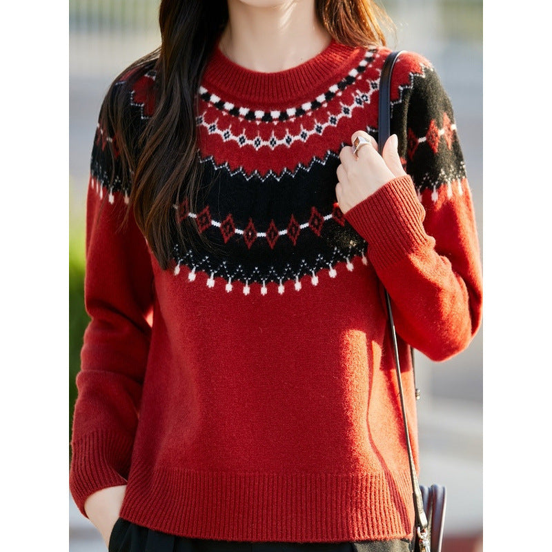 Jacquard Round Neck Multicolor Sweater For Women