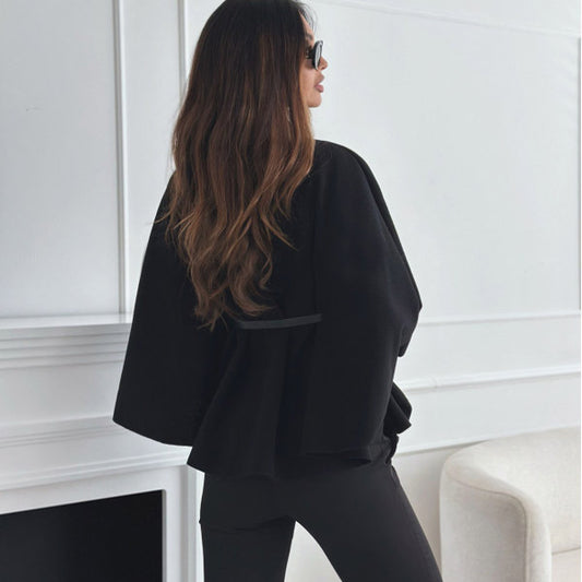Stand Collar Batwing Sleeves Cloak Top With Belt Ins Fashion Temperament Jacket Woolen Sweater Outwear For Women Clothing