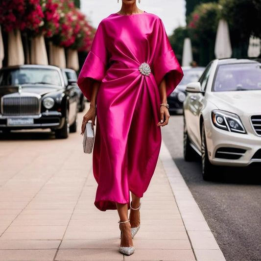 Women Elegant Flower Beads Decorative Satin Dress