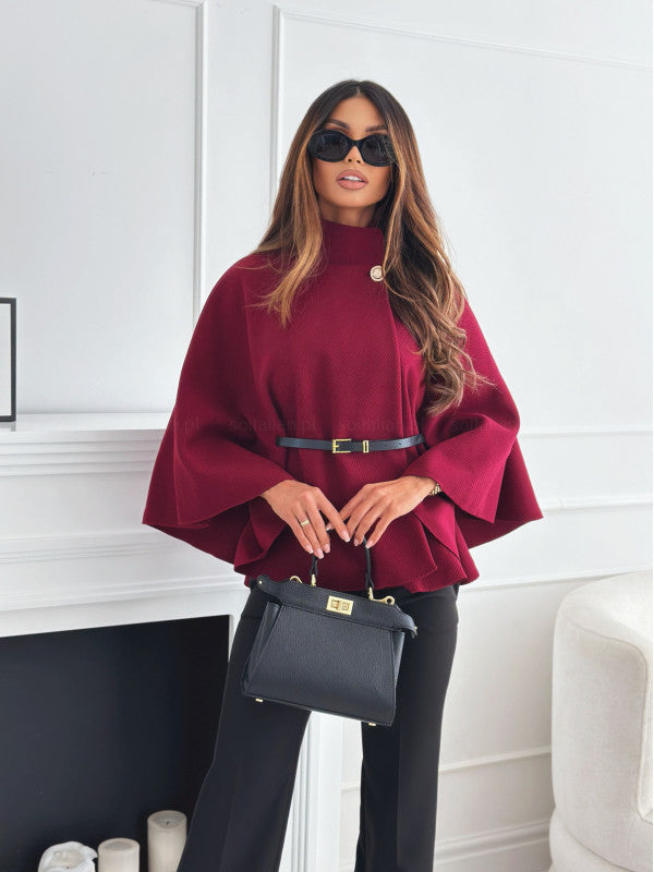 Stand Collar Batwing Sleeves Cloak Top With Belt Ins Fashion Temperament Jacket Woolen Sweater Outwear For Women Clothing