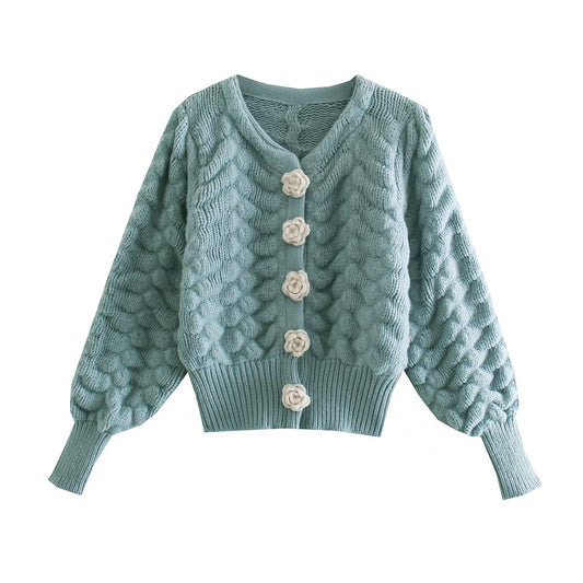 Women Floral Cardigan Single-breasted Long-sleeved Winter Sweater