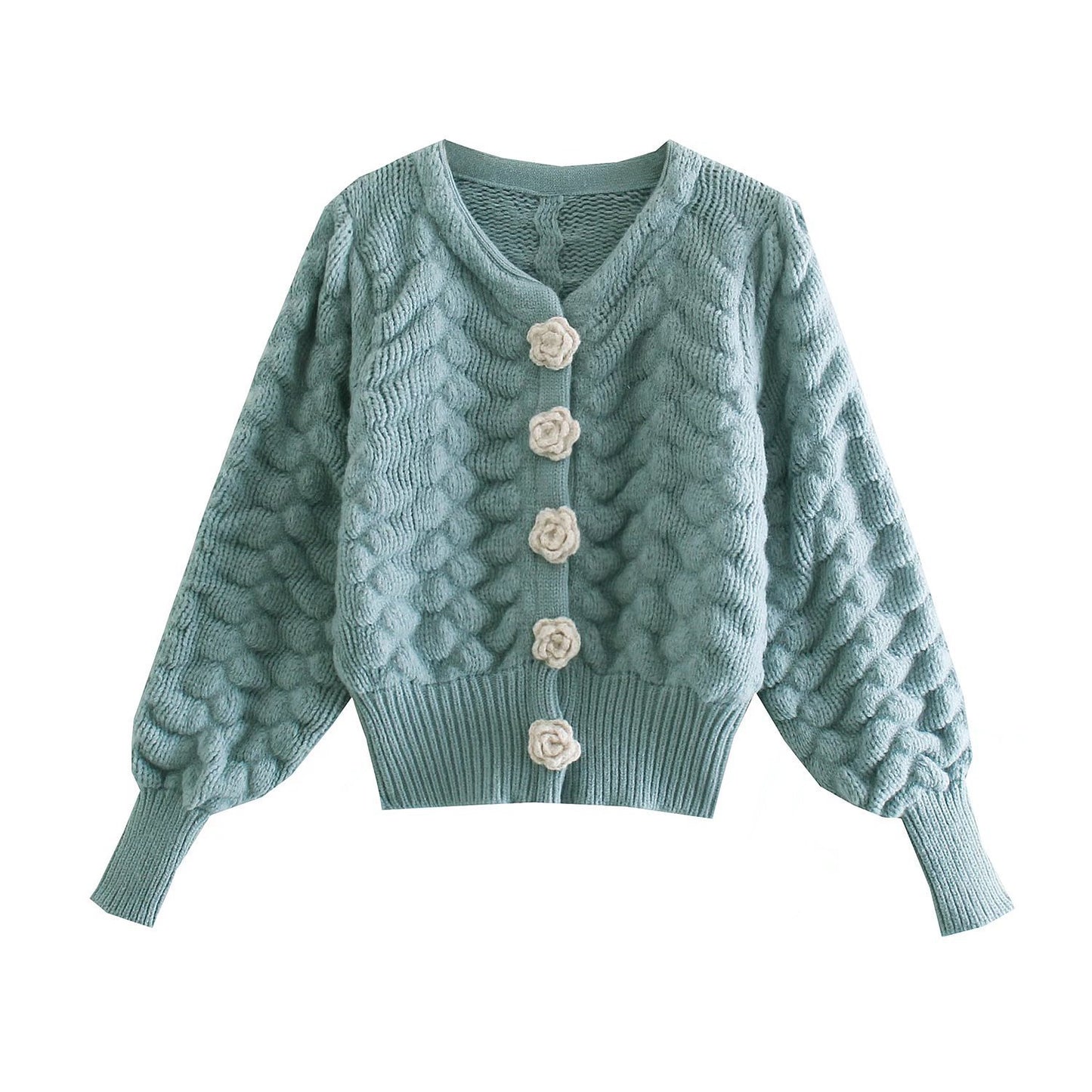 Women Floral Cardigan Single-breasted Long-sleeved Winter Sweater