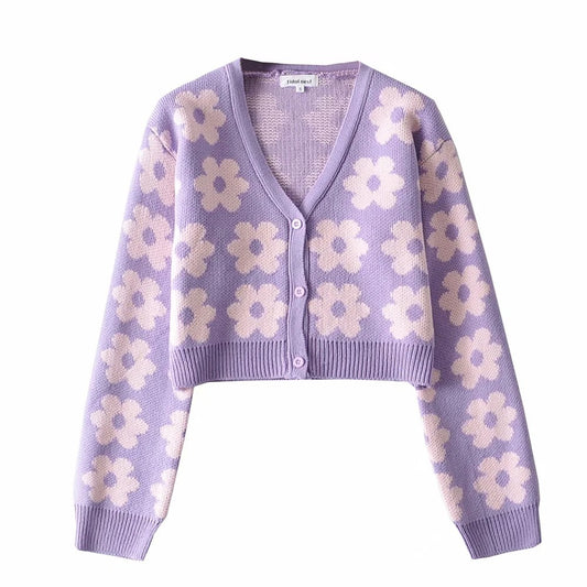 Women's Sweet Style Floral Print Knitted Cardigan