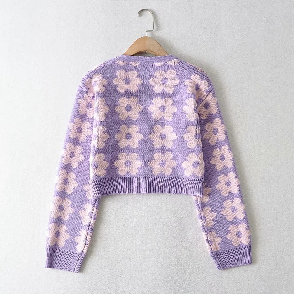 Women's Sweet Style Floral Print Knitted Cardigan