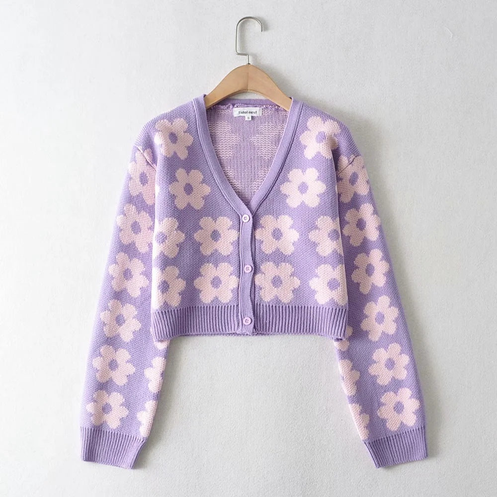 Women's Sweet Style Floral Print Knitted Cardigan
