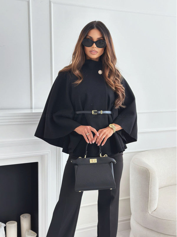 Stand Collar Batwing Sleeves Cloak Top With Belt Ins Fashion Temperament Jacket Woolen Sweater Outwear For Women Clothing