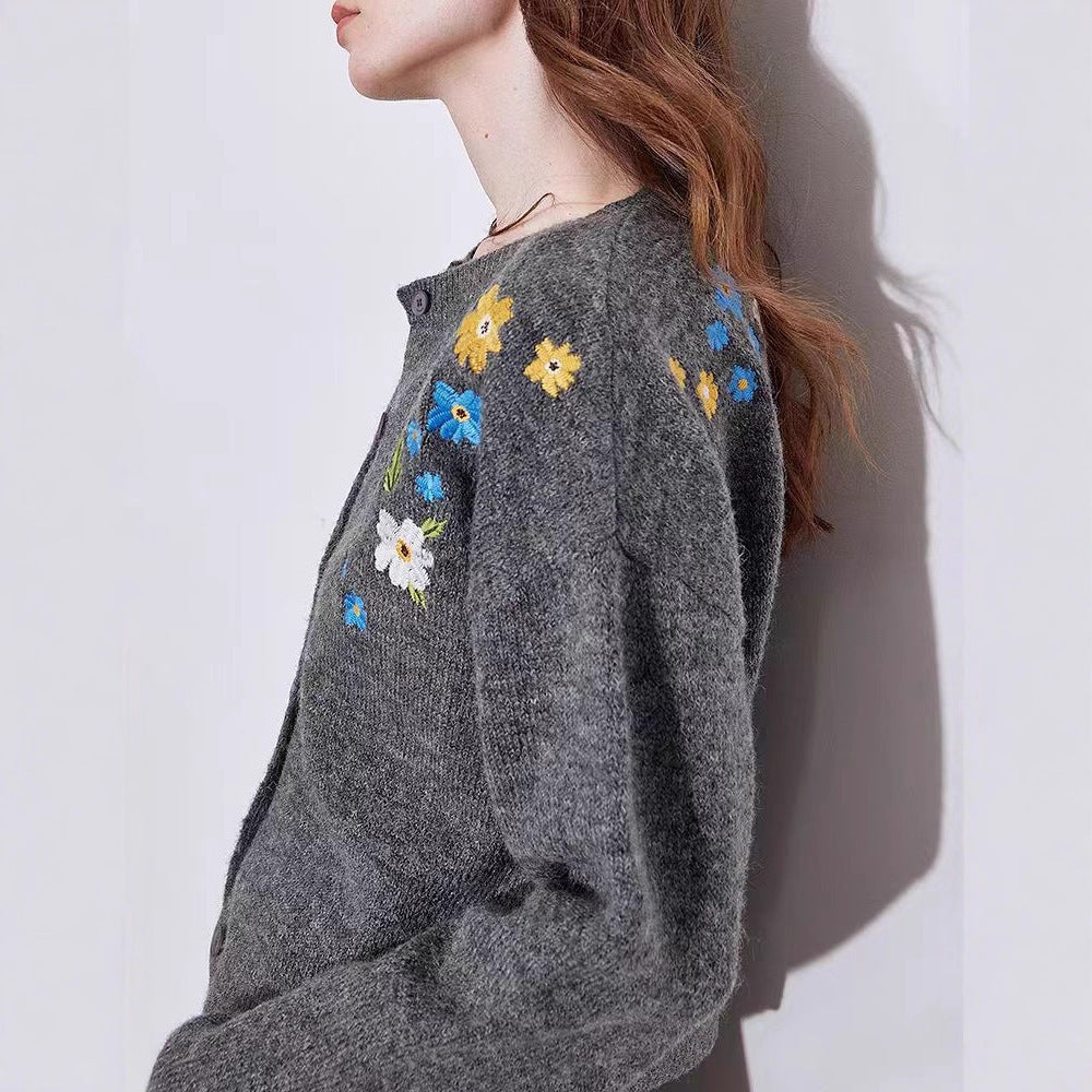 New Retro Flower Embroidered Cardigan Sweater Casual Coat For Women