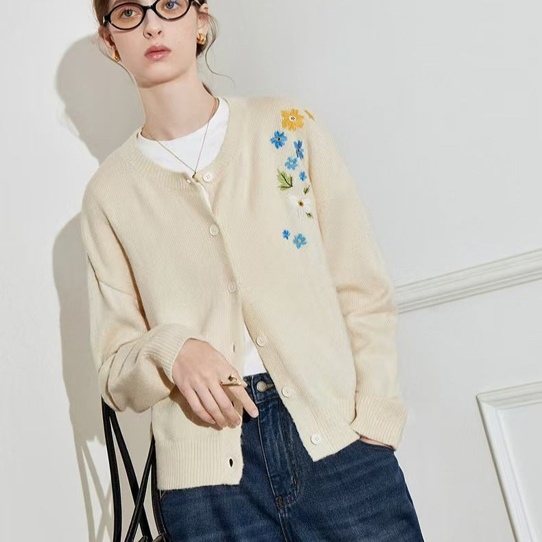 New Retro Flower Embroidered Cardigan Sweater Casual Coat For Women