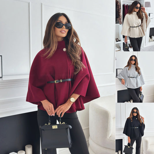 Stand Collar Batwing Sleeves Cloak Top With Belt Ins Fashion Temperament Jacket Woolen Sweater Outwear For Women Clothing