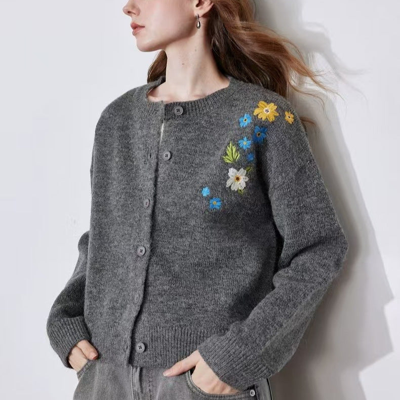 New Retro Flower Embroidered Cardigan Sweater Casual Coat For Women