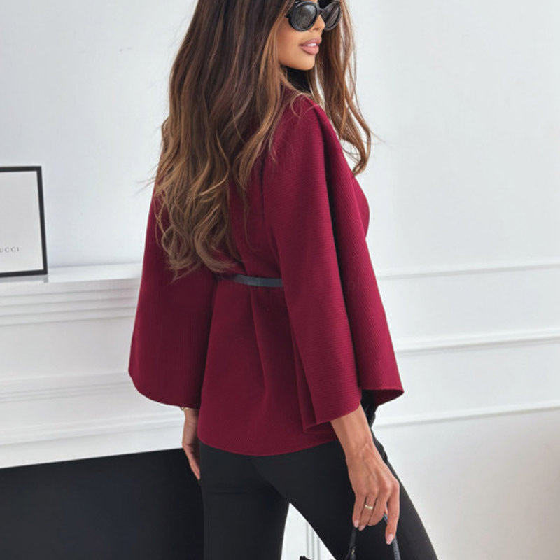 Stand Collar Batwing Sleeves Cloak Top With Belt Ins Fashion Temperament Jacket Woolen Sweater Outwear For Women Clothing