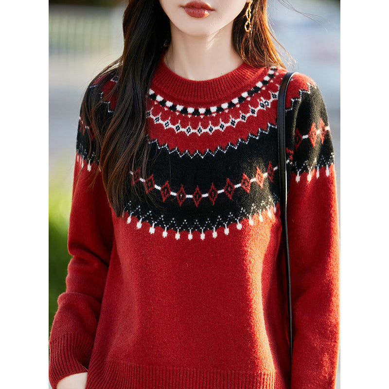 Jacquard Round Neck Multicolor Sweater For Women