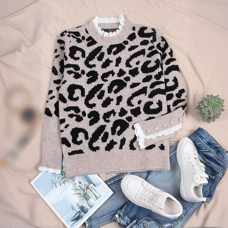 Leopard Print Women Pullover Sweater Top, Crewneck Long Sleeve With Lace Trim