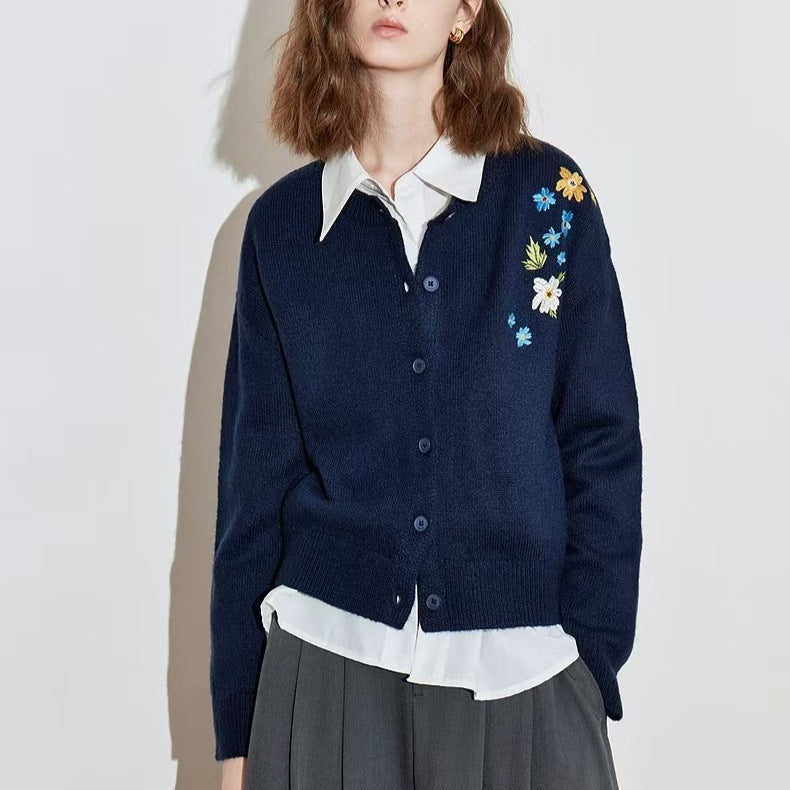 New Retro Flower Embroidered Cardigan Sweater Casual Coat For Women