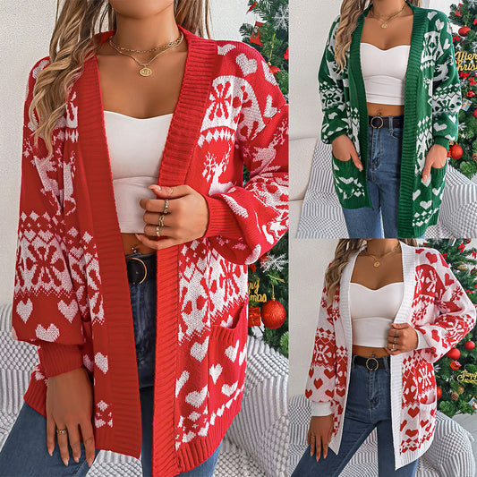 Women Christmas Open Front Cardigan Knitwear Lantern Sleeve Xmas Printed Oversized Deer Sweater Pockets Knitted
