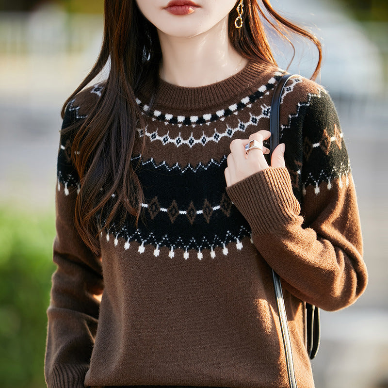 Jacquard Round Neck Multicolor Sweater For Women
