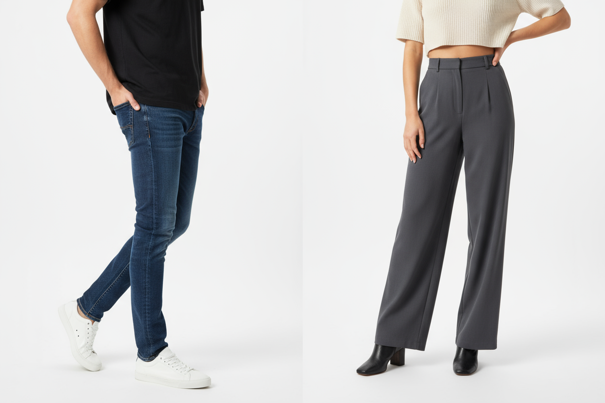 Male and female models posing to display bottom clothing items