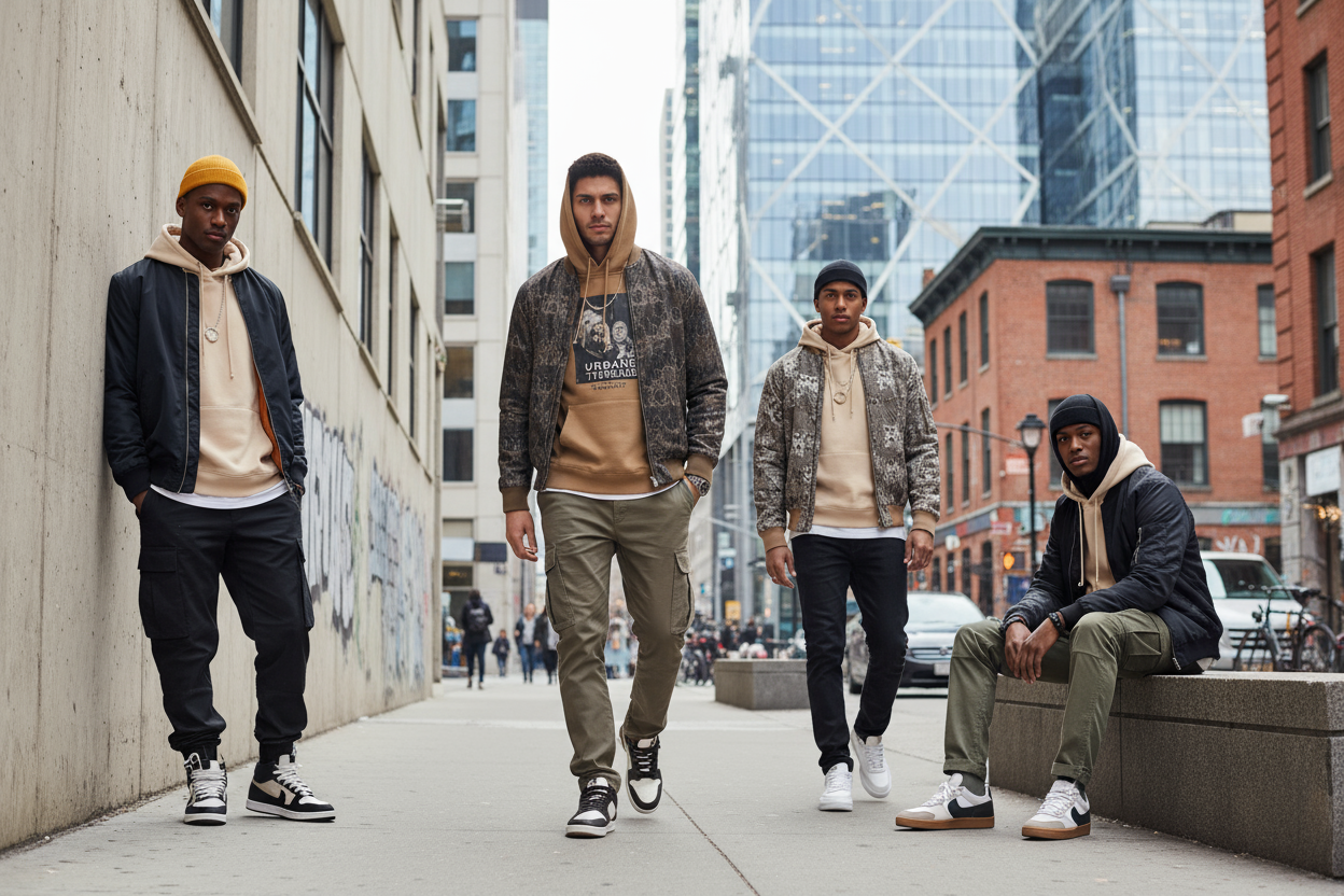 Male models posing for clothing brand in street