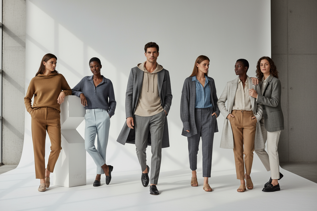 men and women models posing for clothing brand